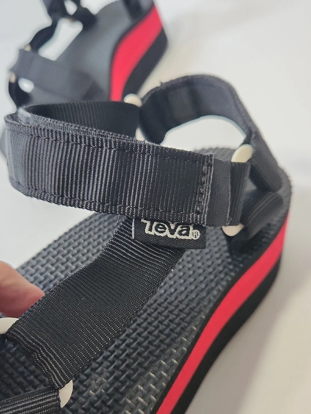 Teva Black Strappy Platform Sandals with Red Stripe - Picture 4 of 13